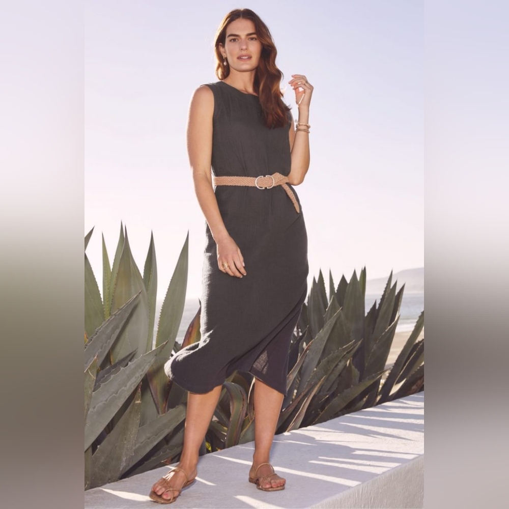 Faherty Dream Costa Organic Cotton Dress Midi Size M Solid Gray Gauze Lagenlook
